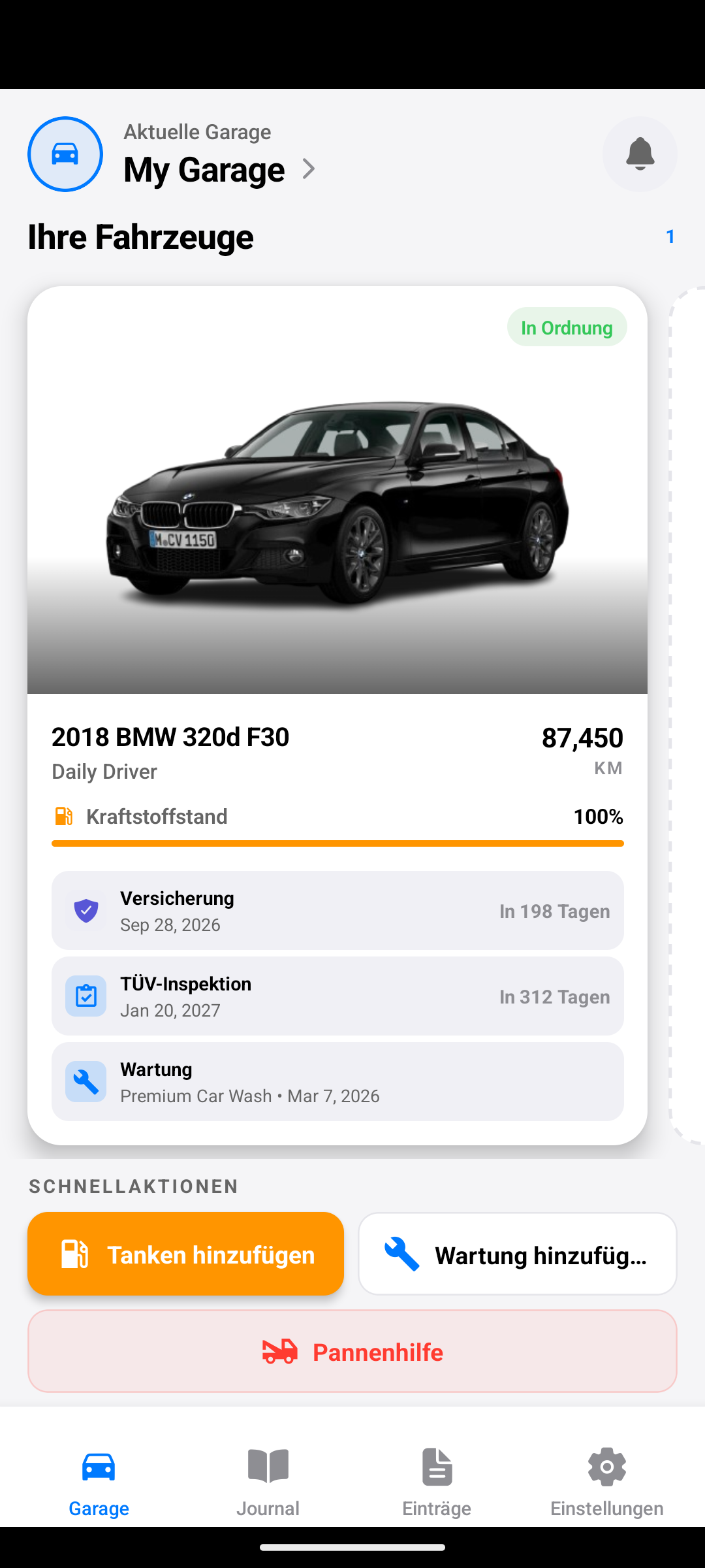 RovaMate-Dashboard mit Fahrzeugübersicht, Tankstand, Versicherungs- und Wartungsstatus